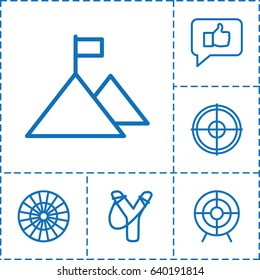 Target icon. set of 6 target outline icons such as target, flag on mountain, sligshot, dart