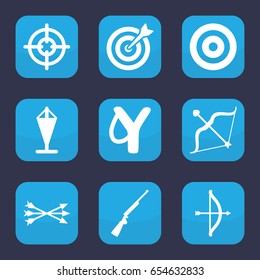 Target icon. set of 9 filled target icons such as bow, arrow bow, hundting gun, flag
