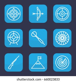 Target icon. set of 9 outline target icons such as target, hundting gun, dart, flag on mountain