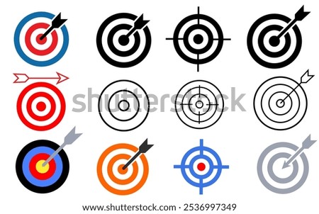 Target icon set aim goal business success arrow purpose sign symbol game challenge accuracy efficiency black flat design
