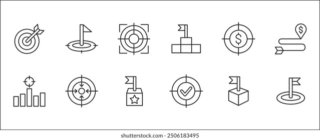 Target icon set. Aim and objective icons set. Business and management icon collection. Vector stock illustration thin line style. Contains symbols of flag, businessman, podium, trophy and reward