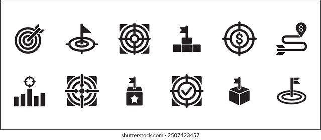 Target icon set. Aim and objective icons set. Business and management icon collection. Vector stock illustration thin line style. Contains symbols of flag, businessman, podium, trophy and reward