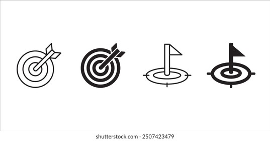 Target icon set. Aim and objective icons set. Goals symbol. Business and management icon collection. Vector stock illustration flat solid thin line style.