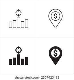 Target icon set. Aim and objective icons set. Goals symbol. Business and management icon collection. Vector stock illustration flat solid thin line style.