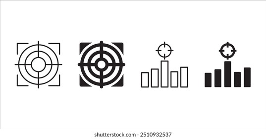 Ícone de destino definido. Ícones de objetivo e meta definidos. Símbolo de metas. Coleção de ícones de negócios e gerenciamento. Estilo de linha fina sólida plana da ilustração de estoque do vetor.