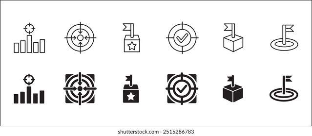 Ícone de destino definido. Ícones de objetivo e meta definidos. Coleção de ícones de negócios e gerenciamento. Estilo de linha fina da ilustração de estoque de vetor. Contém símbolos de bandeira, empresário, pódio, troféu e recompensa