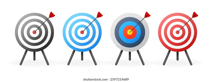 Target icon set. Archery targets. Bullseye in the target center of dartboard. Business marketing goal. Vector illustration.
