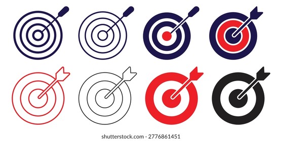 Target icon set. Target icon with arrow in center symbolizing goal. Symbols of success, achievement, aim, target. vector illustration