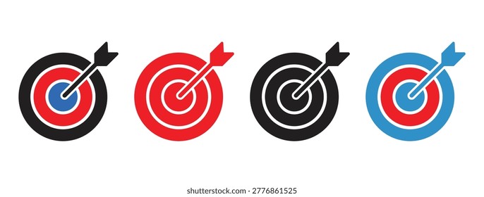 Target icon set. Target icon with arrow in center symbolizing goal. Symbols of success, achievement, aim, target. vector illustration