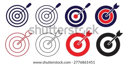 Target icon set. Target icon with arrow in center symbolizing goal. Symbols of success, achievement, aim, target. vector illustration