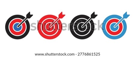 Target icon set. Target icon with arrow in center symbolizing goal. Symbols of success, achievement, aim, target. vector illustration