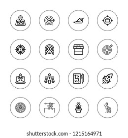 Target icon set. collection of 16 outline target icons with dart board, goal, growth, market, hunt, location pin, paintball, robin hood, strategy, startup, target icons.