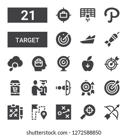 target icon set. Collection of 21 filled target icons included Archery, Search engine, Strategy, Route, Dart board, Goal, Crossbow, Proud, Market, Gravity, Darts, Business, Seo