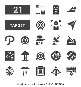 target icon set. Collection of 21 filled target icons included Goal, Crossbow, Focus, Route, Tennis ball, Radar, Target, Goals, Strategy, Paintball, Path, Navigator, Dart board