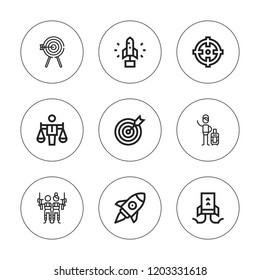 Target icon set. collection of 9 outline target icons with archery, paintball, startup, target icons. editable icons.