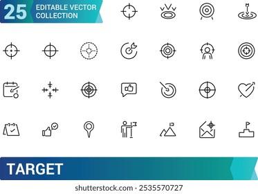 Ícone de destino definido. Contendo objetivo, meta, alvo, foco, objetivo, precisão, sucesso, conquista e muito mais. Coleção de ícones de vetor de linha. Ilustração vetorial.