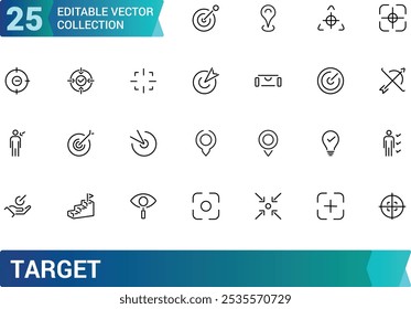 Ícone de destino definido. Contendo objetivo, meta, alvo, foco, objetivo, precisão, sucesso, conquista e muito mais. Coleção de ícones de vetor de linha. Ilustração vetorial.