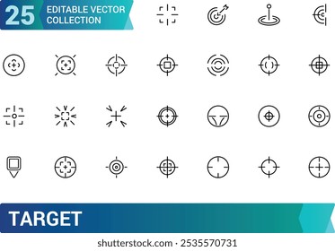 Ícone de destino definido. Contendo objetivo, meta, alvo, foco, objetivo, precisão, sucesso, conquista e muito mais. Coleção de ícones de vetor de linha. Ilustração vetorial.