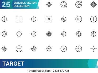 Ícone de destino definido. Contendo objetivo, meta, alvo, foco, objetivo, precisão, sucesso, conquista e muito mais. Coleção de ícones de vetor de linha. Ilustração vetorial.