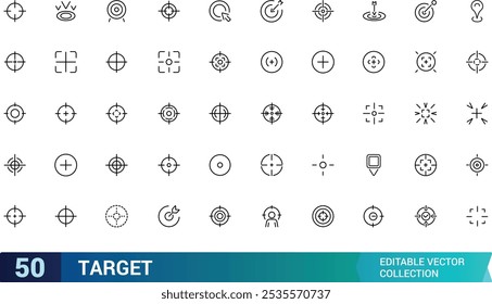 Ícone de destino definido. Contendo objetivo, meta, alvo, foco, objetivo, precisão, sucesso, conquista e muito mais. Coleção de ícones de vetor de linha. Ilustração vetorial.