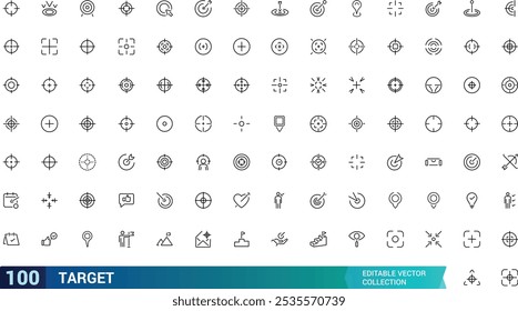 Ícone de destino definido. Contendo objetivo, meta, alvo, foco, objetivo, precisão, sucesso, conquista e muito mais. Coleção de ícones de vetor de linha. Ilustração vetorial.