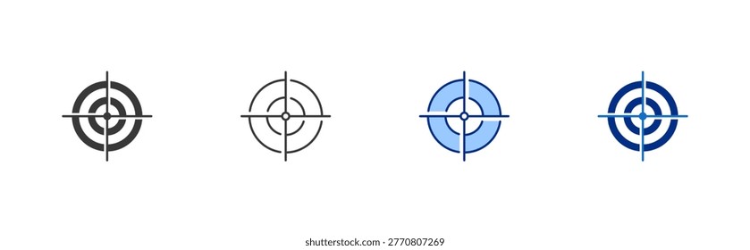 Target icon set containing glyph, line, and blue style vector icon