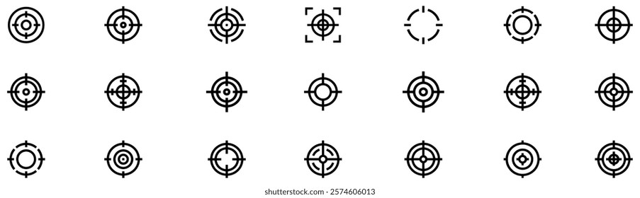 Target icon set. Crosshairs set. Sniper icons. Target and aim icon set, crosshair, bullseye vector, precision, accuracy, and focus icon for aiming, archery, shooting, or navigation. EPS 10