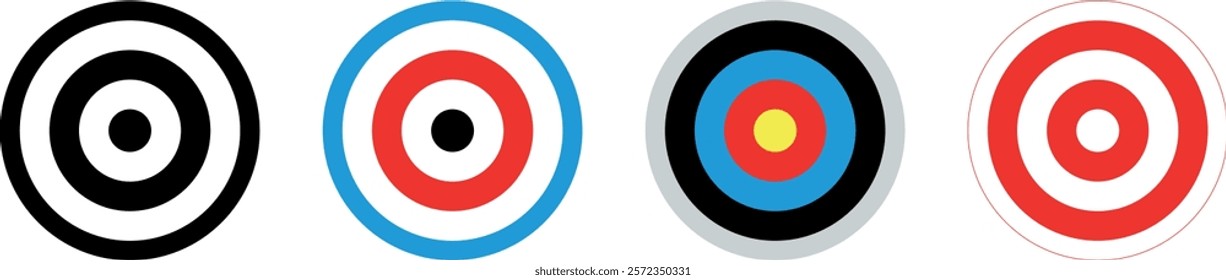 Target icon set featuring archery targets and bullseyes. Includes vector illustrations of archery target icons, bullseye designs, and aim graphics. Perfect for sports, competition, or accuracy-themed 