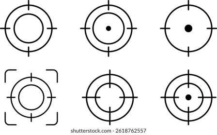 Ícone de destino definido. ícones de linha de foco. sinal de mira da arma. Sinais de marca de disparo. quadro de segmentação de sucesso
