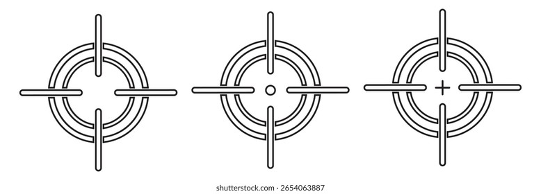 Conjunto de iconos de objetivo, icono de objetivo, icono de objetivo de enfoque. Vector de icono de línea de objetivo militar aislado. Símbolo de un objetivo de pistola, simple pictograma. Ilustración vectorial
