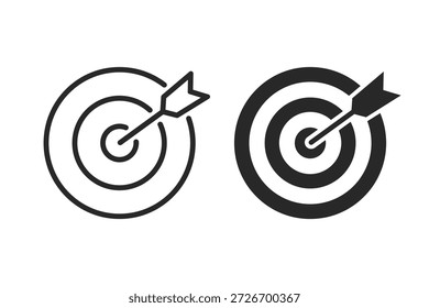 Target icon set. Goal symbol collection. Simple target with arrow. Target with arrow icon set. Line and glyph aim dart board.