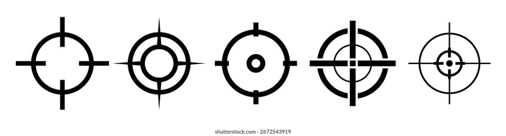 Conjunto de iconos de objetivo. Vector de iconos de objetivo. Bullseye, Focus, Crosshair, Reticle, Viewfinder. Icono de Sharpshooting. Bullseye Target, Crosshair, Precision Reticle. Ilustración vectorial.