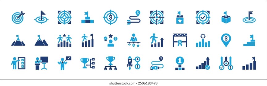 Target icon set. Goals and achievement icons set. Business and management icon collection. Vector stock illustration flat solid style. Contains symbols of rocket, businessman, podium, trophy, reward