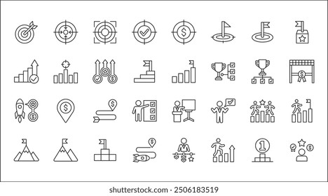 Conjunto de iconos de destino. Conjunto de objetivos e iconos de logros. Icono de negocios y administración. Ilustración de stock de Vector en estilo de línea delgada. Contiene símbolos de cohete, hombre de negocios, podio, trofeo y recompensa.