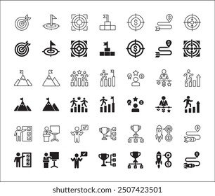 Target icon set. Goals and achievement icons set. Business and management icon collection. Vector stock illustration thin line style. Contains symbols of rocket, businessman, podium, trophy and reward