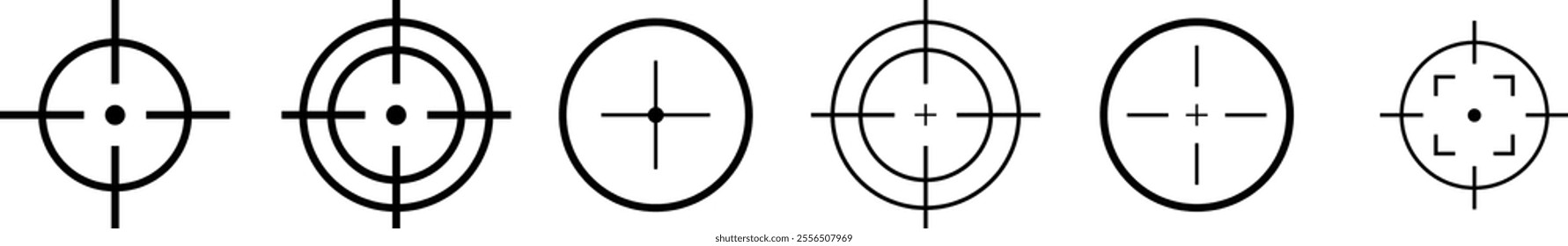 Target icon set: includes crosshair, sniper sight, and aiming symbols, isolated on a white background. Vector illustration, designed for web design and stylish target-related graphics.	
