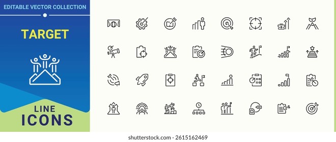 Target icon set. Includes thin line symbols achievement, win, strategy, achieve. Goals icon. Thin outline icons pack. Editable vector. Pixel perfect.