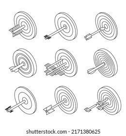 Target icon set. Isometric set of target vector icons outline isolated on white background