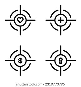 Target icon set on white background. Vector illustration with heart, health cross, dollar sign, and keyhole symbols. Perfect for business, healthcare, and goal-oriented concepts.