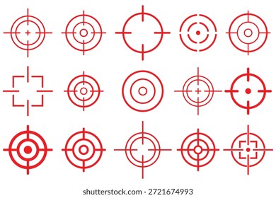 Ícone de destino definido. Ícones de Destino vermelhos. Direcionamento, com o objetivo de um tiro. Tiro com arco, caça e tiro esportivo. Ilustração vetorial.