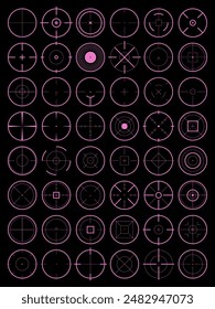Zielsymbol. Sehen Sie. Scharfschütze zielen. Neon Bullseye Fadenkreuz. Militärspiel. Genauigkeitsfokus. Schilderkreis. HUD-Radar. Technologie Button. In: Sci-Fi UI. Kamerasucher. Fokus Vision. Vektorgrafik-Symbolsatz