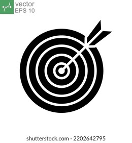 Zielsymbol solide Silhouette. Zielsymbol der Mission. Bogenschießen mit Dartboard in perfekter Aufnahme, Webseitenvorlage. Modernes Flachdesign-Konzept. Vektorgrafik. Design auf weißem Hintergrund. EPS10