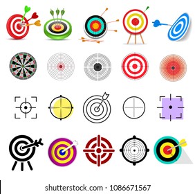 Target icon vector arrow in aim of dartboard and goal of success business strategy illustration set of sport darts game isolated on white background