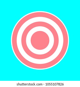 Target icon. Vector. Magenta icon with white sticker contour at sky blue background. Isolated.