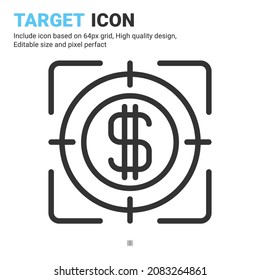 Vector de icono de destino con estilo de contorno aislado en fondo blanco. Misión de ilustración de vectores, objetivos símbolo de firma concepto de icono para negocios, finanzas, industria, empresa, aplicaciones, web y proyecto