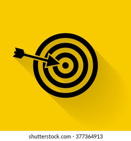 Target icon vector. Targeting, vector, arrow, objective, darts. Black icon isolated on yellow background with shadow.