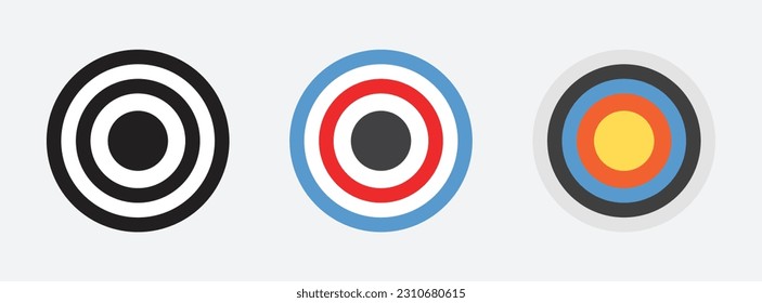 Zielsymbol VektorArchery-Zielsatz Shoting Target Set. Set von Zielen auf weißem Hintergrund. Konzept der Bogenschießen oder das Erreichen des Ziels in der Wirtschaft.Bogenschießen Ziel gesetzt. Pfeilsymbol. Ziehzeichen. EPS10	