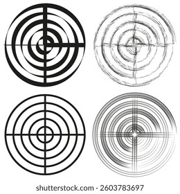Target icons. Circular concentric symbols. Grunge black patterns. Vector shooting aims.