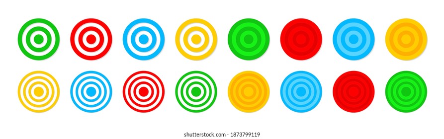 Target icons. Dartboard with goal. Accuracy focus in bullseye. Archery with aim. Darts with objective. Symbol of game. Strategy of competition and challenge. Circles with centeres for hunting. Vector.