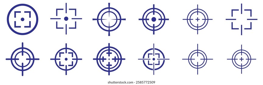 Target icons. Focus symbol in circle. Isolated gun shoot aim set. Bullseye vision collection. Round aiming focus. Blue gun target point icon vector set.